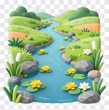 Colorful River Landscape With Water Lilies And Rocks PNG