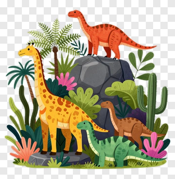 Cartoon Dinosaurs In A Tropical Landscape PNG