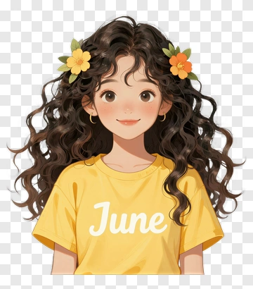 Girl With Curly Hair Wearing A Yellow June T-Shirt PNG