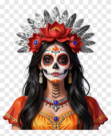 Colorful Day Of The Dead Woman With Floral Headdress PNG
