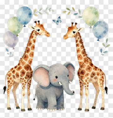 Cute Giraffes And Elephant With Balloons PNG