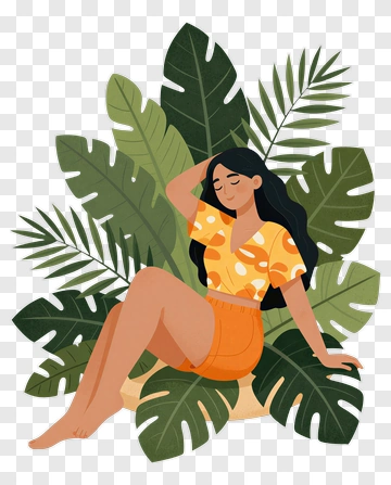 Woman Sitting Among Tropical Leaves PNG