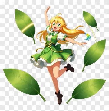 Cartoon Girl Jumping Among Green Leaves PNG