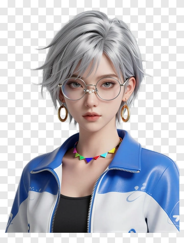 3D Young Woman With Silver Hair And Glasses PNG