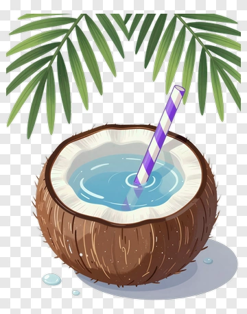 Coconut Drink With Straw And Palm Leaves PNG