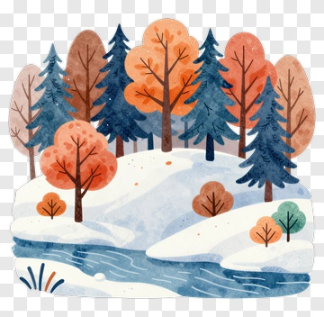 Colorful Winter Landscape With Trees And River PNG