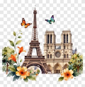 Eiffel Tower And Notre Dame With Flowers And Butterflies PNG