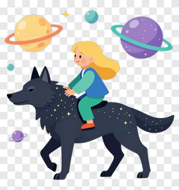 Girl Riding A Black Wolf In Space PNG