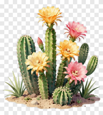 Colorful Cactus With Flowers PNG