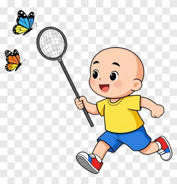 Cartoon Boy Running With A Butterfly Net PNG
