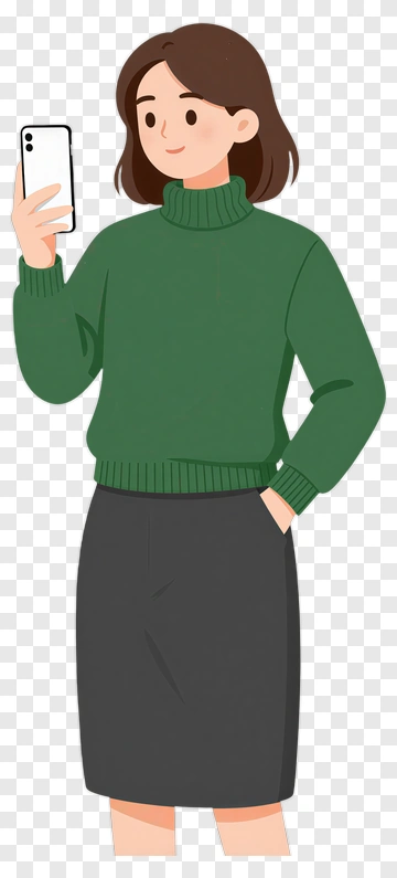Woman Holding A Phone In A Green Sweater PNG