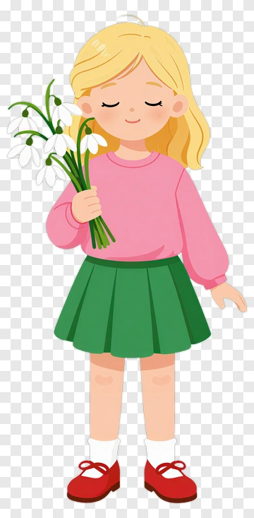 Girl Holding A Bouquet Of Snowdrop Flowers PNG