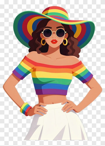 Stylish Woman In Rainbow Outfit And Hat PNG