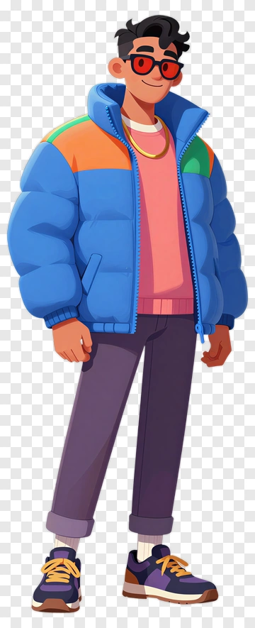 Cartoon Young Man In Colorful Jacket PNG