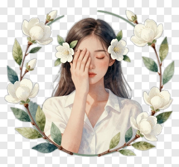 Woman Covering Face Surrounded By Floral Wreath PNG