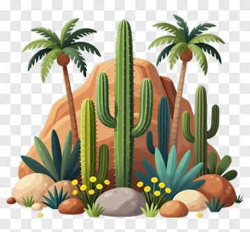 Desert Landscape With Cacti And Palm Trees PNG