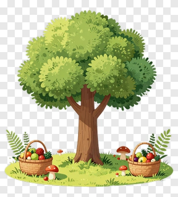 Colorful Tree With Baskets Of Fruits PNG