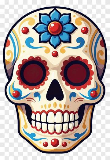 Colorful Sugar Skull With Floral Decorations PNG