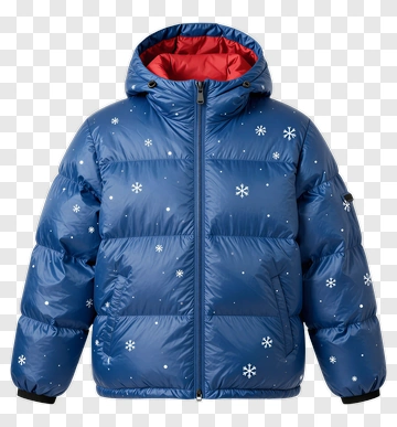 Blue Puffer Jacket With Snowflake Design PNG