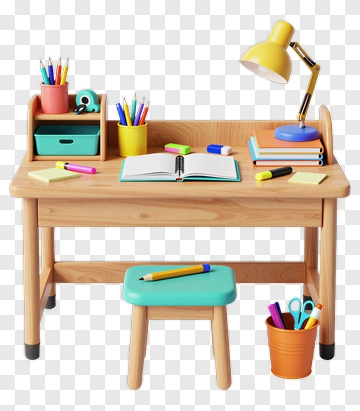 Colorful Study Desk With Stationery Supplies PNG