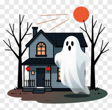 Cartoon Ghost Near A Haunted House PNG