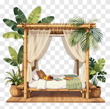 Tropical Bamboo Bed With Fruits And Plants PNG