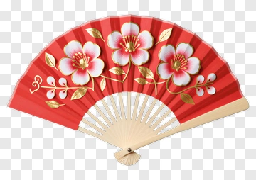 Red Decorative Fan With Flowers PNG