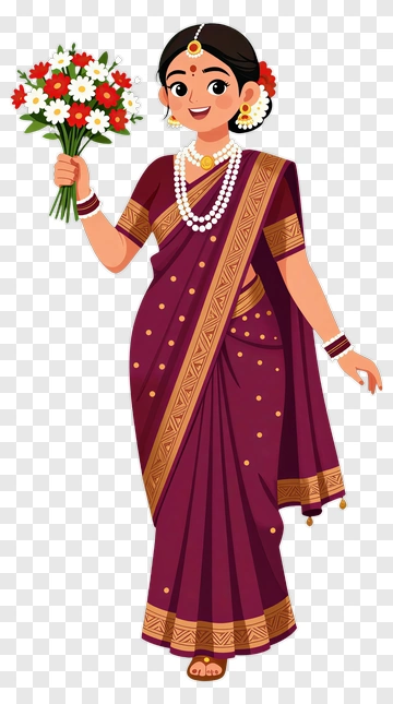 Woman In Traditional Saree Holding Flowers PNG