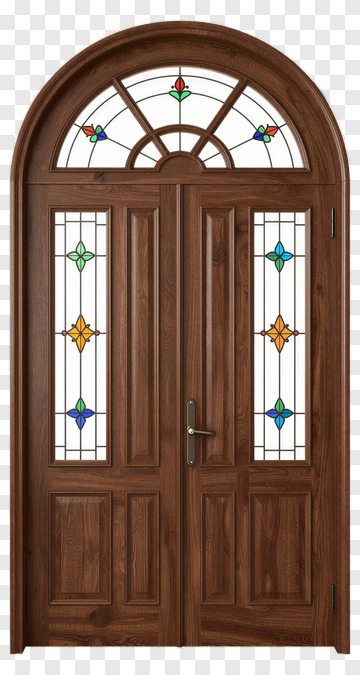 Wooden Door With Stained Glass Panels PNG