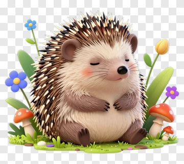 Cartoon Hedgehog Sitting Among Flowers And Mushrooms PNG