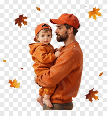 Father Holding Child In Matching Orange Outfits PNG