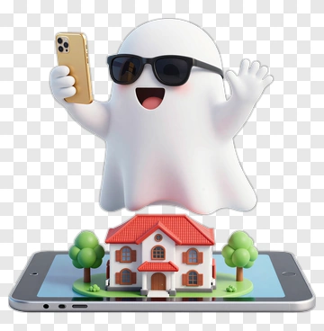 Cartoon Ghost Holding A Smartphone Above A House PNG