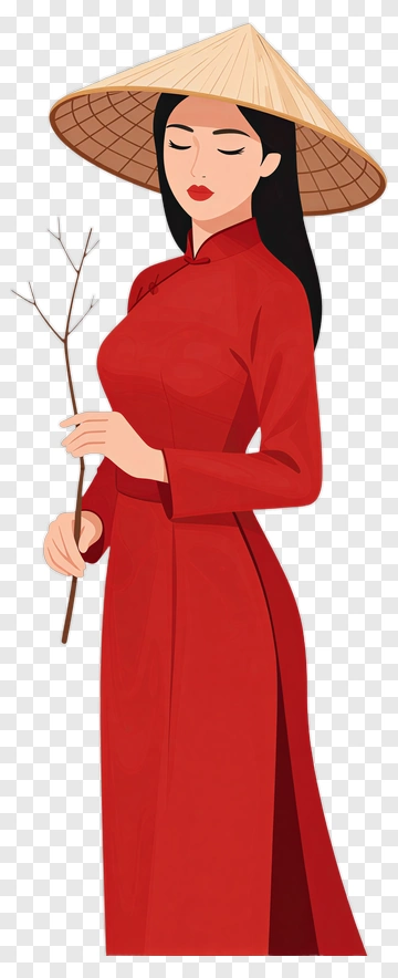 Woman In Red Ao Dai Holding A Stick PNG