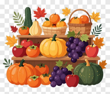 Colorful Harvest Display With Pumpkins And Fruits PNG