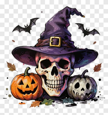 Halloween Skull With Pumpkins And Bats PNG