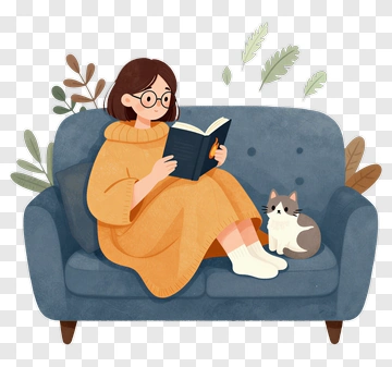 Woman Reading A Book On A Sofa With A Cat PNG