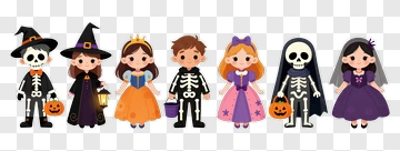 Cartoon Halloween Children In Costumes PNG