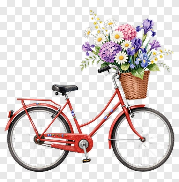 Red Bicycle With A Flower Basket PNG