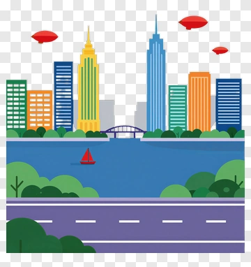 Colorful Cityscape With River And Sailboat PNG