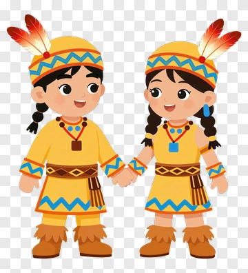 Cartoon Native American Children Holding Hands PNG