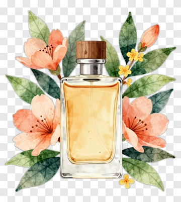 Perfume Bottle Surrounded By Floral Elements PNG