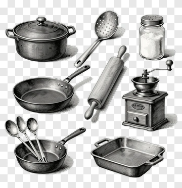 Vintage Kitchen Utensils And Cookware PNG
