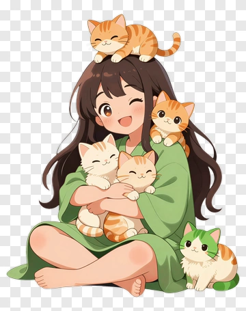 Girl Holding Multiple Cats PNG