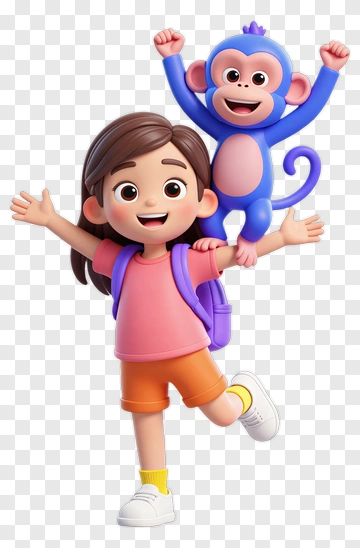 Cartoon Girl With Monkey PNG