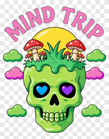 Cartoon Skull With Mushrooms And Mind Trip Text PNG