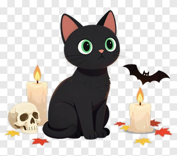 Cartoon Black Cat With Halloween Decorations PNG