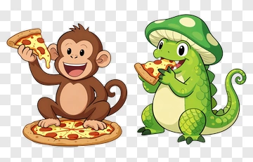 Cartoon Monkey And Lizard Eating Pizza PNG