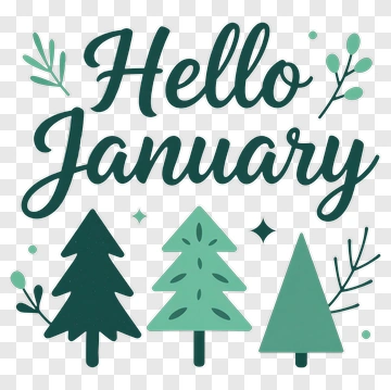 Hello January With Trees And Decorative Elements PNG