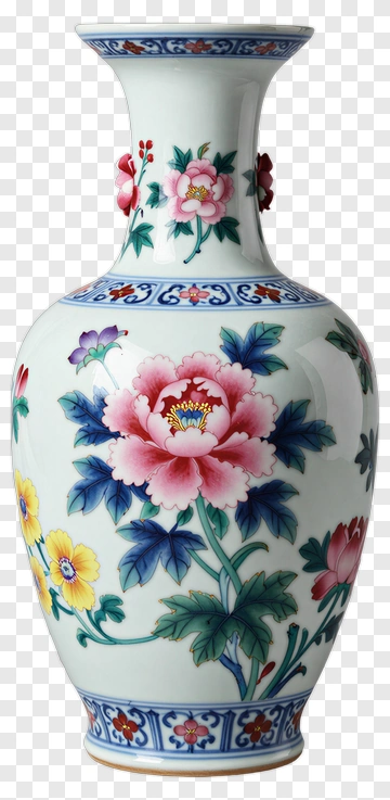 Floral Porcelain Vase With Colorful Designs PNG