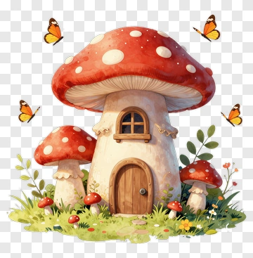 Cartoon Mushroom House With Butterflies PNG